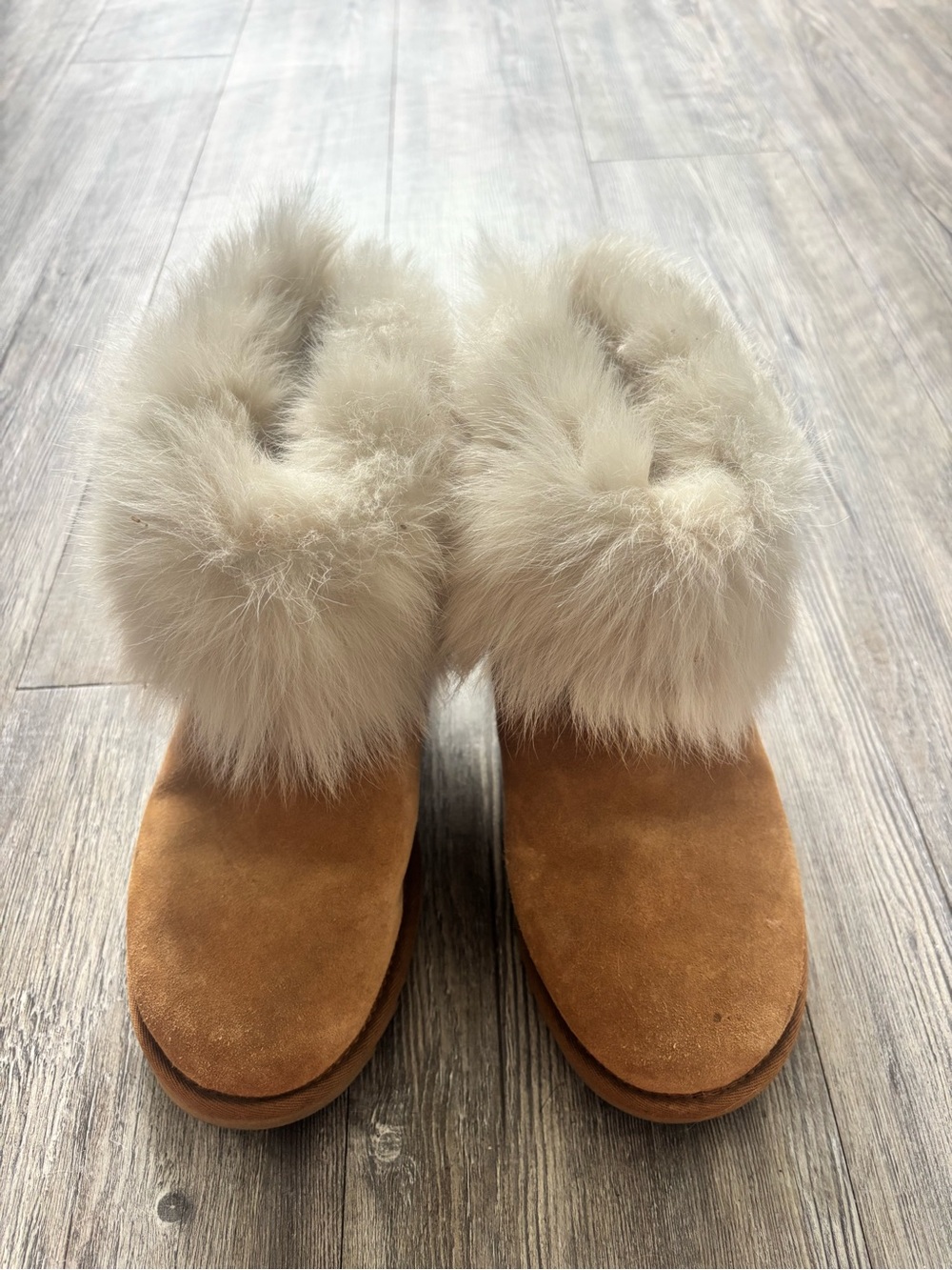 UGG Chestnut Suede Booties with Cream Fur Cuff